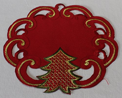 Anka Textil Weihnachts-Tischdecke Tischläufer Mitteldecke Tisch-Deckchen mit Tannenbaum Motiven Stickerei Weihnachtsdeko Rot Größenwahl (20cm Rund)