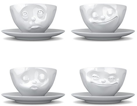 Fiftyeight TV Tassen Kaffeetasse 4er Set, Küssend, Grinsend, Glücklich, Och Bitte, Kaffee Tasse, Cappuccinotasse, mit Untersetzer, aus Porzellan, Weiß, 200ml
