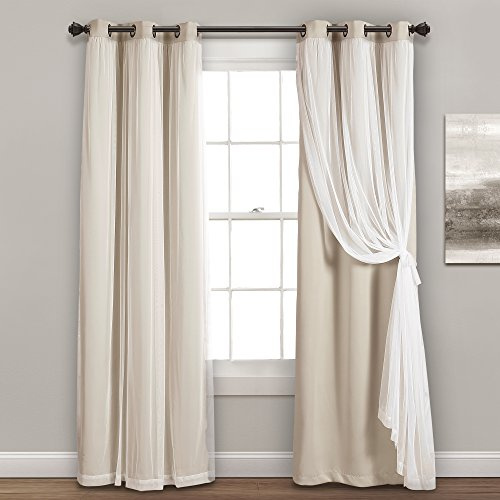 Lush Decor Sheer Grommet Curtains With Insulated Blackout Lining, Window Curtain Panels, Pair, 38W x 84L, Wheat - Curtain With Sheer Overlay, Elegant Blackout Curtains for Bedroom