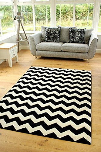 Vienna Modern Small Extra Large Black Ivory White Zig Zag Design Thick Floor Long Carpet Runner Rugs (120x170cm)