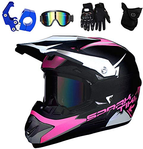 PKFG® Motocross Helm Kinder Pink, Offroad Motorradhelm mit Visier Brille Handschuhe Maske und Helmhaken, Mädchen Motorrad Cross Enduro Helm für Mountainbike MTB Moped Kopf Schutz, L (56~57CM)