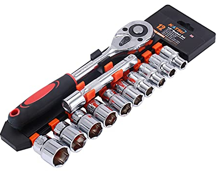 KATSU Set di Chiavi a Bussola 1/2 12 Pezzi, Metrica 10-24mm con Chiave a Cricchetto a Sgancio Rapido a 24 Denti e Barra di Prolunga da 5, Strumento di Riparazione Automatica