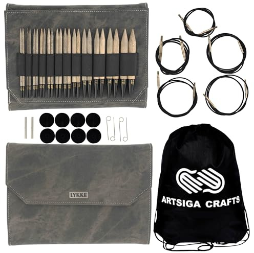 Lykke Driftwood Rundstricknadel-Set, austauschbar, Birkenholz, US-Größen 4, 5, 6, 7, 8, 9, 10, 10,5, 11, 13, 15 und 17, inklusive grauer Denim-Hülle mit großer Artsiga Crafts Tasche