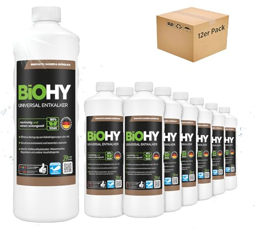 BiOHY Universal Entkalker (12 x 1L) | Konzentrat für Kaffeemaschinen, Wasserkocher, Glaskannen & Haushaltsgeräte | Starker Kalklöser auch für Glas- & Edelstahlflächen