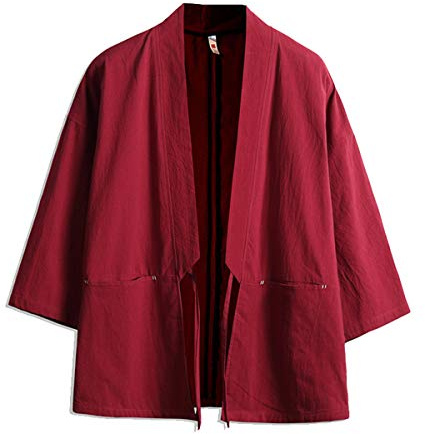 Seidarise Men's Kimono Traditional Japanese Clothing Male Cardigan Noragi Jacket Yukata Coat Haori, Red, XXL