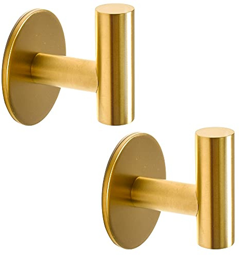 Vuzvuv Adhesive Brushed Gold Hooks, SUS304 Stainless Steel Self-Adhesive Towel Coat Robe Heavy Duty Waterproof Hook for Bathrooms Kitchen Hotel (2-Pack)