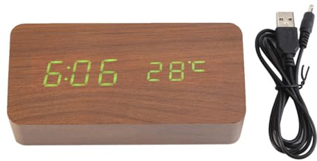 Tyenaza Wecker Elektronische Digital Holz LED Großes Display USB Wecker Sounds Control Temperatur Desktop für Schlafzimmer, Nachttisch(Braunes Holz + grünes Licht)
