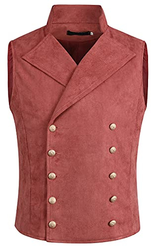 Allthemen Herren Weste mit Stehkragen Anzugweste Zweireihig Westen Gothic Vintage Vest Steampunk Hochzeit Party Rot S