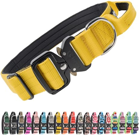 TSPRO Premium Collare per Cani, Regolabile Collare Tattico con Maniglia e una Robusta Fibbia Metallica a Sblocco Rapido, per Cani di Taglia Media a Grande (Giallo L)