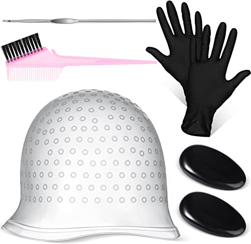 Hair Coloring Highlighting Set Silicone Highlight Cap and Hook 2 Pcs Black Hair Dye Gloves Dye Brush Ear Covers Reusable Hair Dye Kit Salon Home Hairdressing Hair Coloring Tools for Women Men
