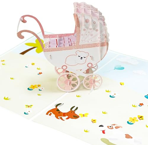 iGifts And Cards Sweet Pink Baby Carriage Pop-Up Card – 6 x 8 3D Stroller Baby Girl Greeting Keepsake for Baby Shower, Newborn Arrival, Birth Announcement, Christening, Baptism – With Envelope