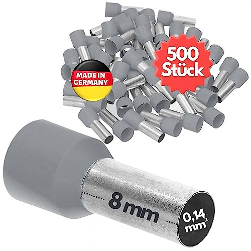 500 stycken Kalitec AE01408GR trådhylsor isolerade 0,14 mm² 8 mm lång grå I Made in Germany I Industrikvalitet