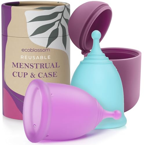 Ecoblossom Copas menstruales reutilizables y a prueba de fugas - Silicona de grado médico, sostenibles, con estuche de almacenamiento. Paquete de 1 copa menstrual pequeña y 1 grande