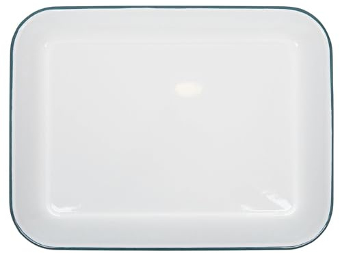 Argon Tableware Enamel Baking Tray - 34 x 26cm - Green Rim - Lightweight Metal Rectangular Enamel Oven Tray Kitchen Bakeware Flat Cooking Pan for Roasting, Baking