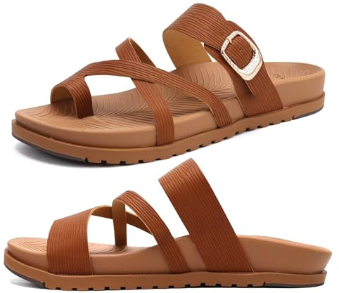 KuaiLu Womens Orthopedic Sandals With Comfortable Arch Support Cushion Yoga Mat Slides Fashion Summer Beach Flat Sandles Adjustable Open Toe Travel Outdoor Plantar Fasciitis Flip Flops Tan Brown 9.5