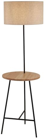 Licht-Erlebnisse Stehleuchte Dreibein 155 cm mit Ablage Schwarz Natur Holz Metall Modern Stoffschirm Stehlampe Wohnzimmer Beistelltisch Tripod