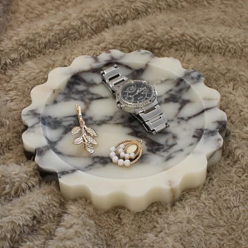 Natural Small Marble Tray 16cm, Round Scalloped Tray for Nightstand Dresser, Jewelry Tray for Women's Gift (Calacatta Viola)