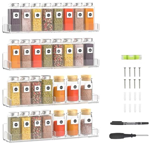 Sezanrpt Acrylic Wall Spice Rack Organizer, Seasoning Rack Shelf Organizer, Clear Wall Mounted Spice Rack Condiment Organizer with Additional Removable Middle Divider, 4 Pack