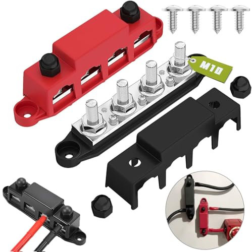HOISGEAR 2 Pezzi Blocco di distribuzione 12V 48V, 250A Morsettiera di Alimentazione 48V DC Busbar Box con 4 x M10 Terminale a Bolts Morsettiera Bus Coperchio per Auto Camion Barca Rosso e Nero