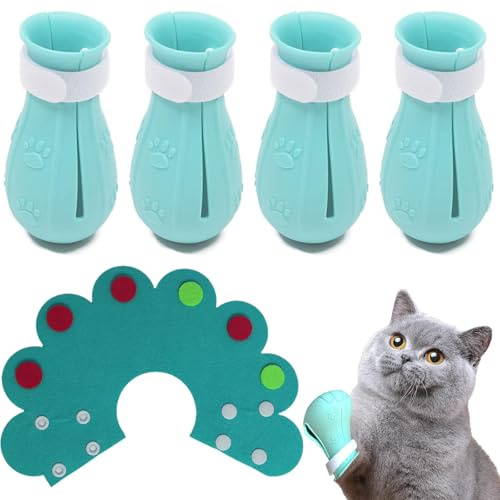 SKJAXF 2-Set Cat Bath Kit - Anti-Scratch Claw Caps 4Pcs With Sunflower Headgear, Adjustable Silicone Covers for Pet Grooming, Bathing, Shaving (Green and Blue)