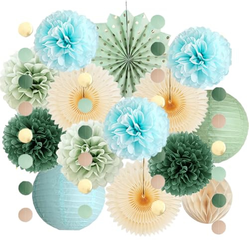 Party Deko Salbeigrün Beige Blau Geburtstagsdeko Party Deko Blau Grün Salbei Olivgrün Pompons Papierlaternen für JGA Deko Frauen Salbeigrün Hellblau Babyparty Junge Geburtstag Hochzeitdeko