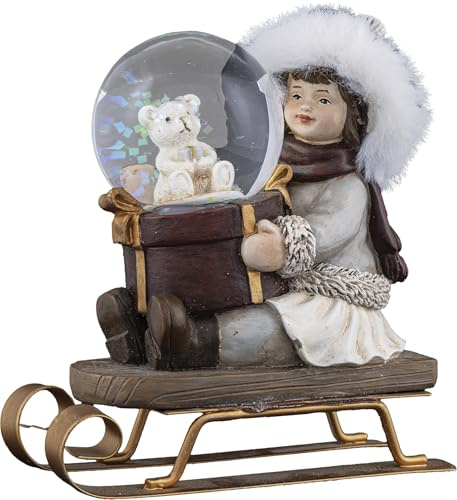 HGD Legno Vetro Design – Bambino invernale con slitta e sfera di neve – 10 x 5 x 11 cm – Palla di neve festiva con motivo natalizio – Incantevole decorazione da tavolo – Dettagli curati