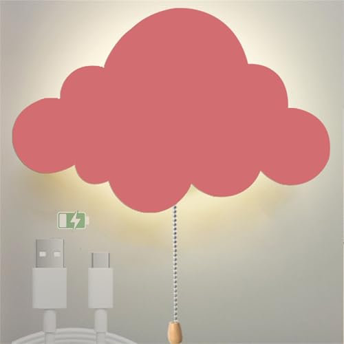 LED Wolken Mond Wandlampe mit Zugschalter Innen Wandleuchte USB Aufladbare Batteriebetrieben Nachtlicht Wandlicht Kinderzimmer Nachttischlampe Wandbeleuchtung für Schlafzimmer (Rosa D,Weißes Licht)
