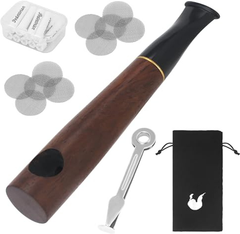 LHOEST Set di pipe in legno, con filtro al carbone attivo da 10 x 8 mm, 10 filtri in acciaio inox, fischietto per tabacco con accessori per fumare, fischietto in legno, realizzato a mano per fumare