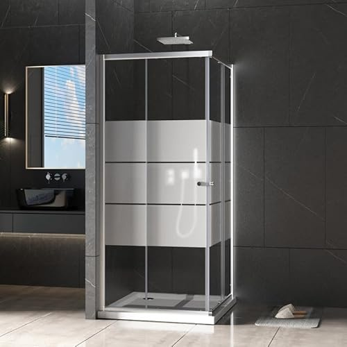 Duschkabine Eckeinstieg 75x75cm Duschabtrennung Schiebetür Dusche, Gestreift Doppel Schiebetüren Duschwand mit 6mm ESG Sicherheitsglas, Duschkabine Eckdusche Höhe 185cm mit Runder Griff