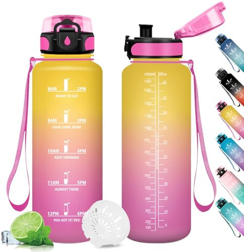 Borraccia 1.5L, Borraccia con Filtro, Bottiglia Riutilizzabile, Bottiglia Acqua a Prova di Perdite, Bottiglia Acqua con indicatore Orario, Borracce per Bici, Scuola, Fitness, Sport, Gym, Yoga