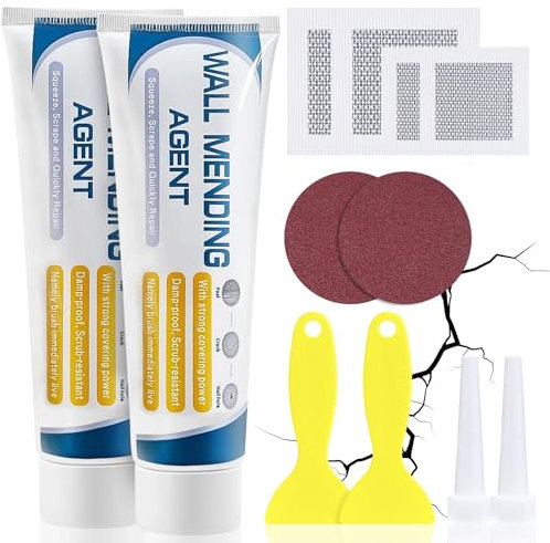 Wall Filler Repair Kit, Quick Drying Wall Repair Paste, Wall Repair Cream, White Wall Mending Agent with Drywall Patch, Sandpaper, Scraper, Nozzle Extender for Wall Cracks, Holes, Graffiti, Peeling