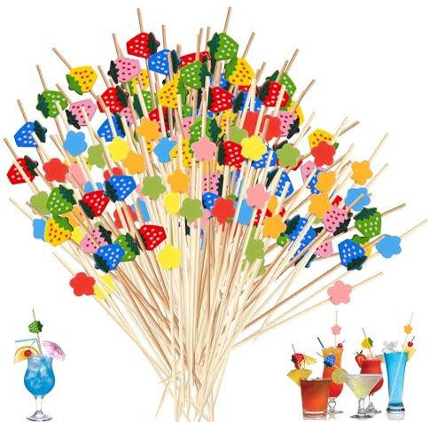 200 Stück Cocktailspieße Holz Cocktail Sticks Cocktail Deko Zahnstocher Herz aus Holz Spieß Zahnstocher Aus Holz Mit Deko 12cm Cocktail Sticks Für Spieße Fingerfood, Cocktail Spieße (Blumen/Erdbeer)