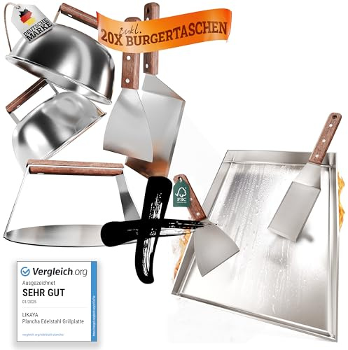 LIKAYA [BUNDLE] Plancha Edelstahl Grillplatte/Grillpfanne [OHNE LOCH - 30x40cm] + Burger Master Set – 4xGrillspachtel, 2xBurgerglocke, 1xBurger Smasher mit Holzgriff – Perfekt für Grill & Herd!