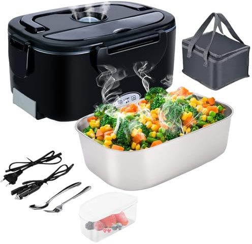 Gentre Lunch Box Chauffante Électrique 4 en 1 12V/24V/220V~240V, 1.5L 60W Acier Inox Chauffage Rapide Gamelle, Boîte Repas Amovible, pour Bureau, École, Voyage, Voiture, Avec Sac Isotherme