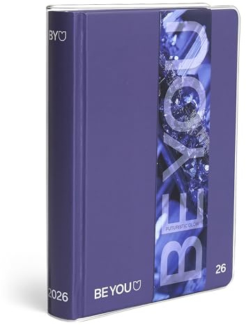 BE YOU - Diario Scuola Futuristic Glow 2025/2026, 12 Mesi, 09/25-08/26, Agenda Scolastica con Sticker e Sovracopertina Trasparente, Formato 12,5 x 16,5 cm, Per Ragazzi e Ragazze di Superiori e Medie