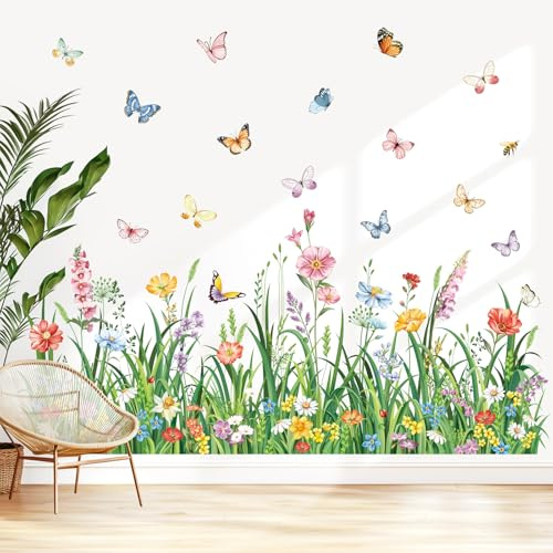 decalmile Adesivi Murali Erba e Fiori Adesivi da Parete Fiore Farfalla Piante Verdi Baseboard Decorazione Murale Camera da Letto Soggiorno Cucina