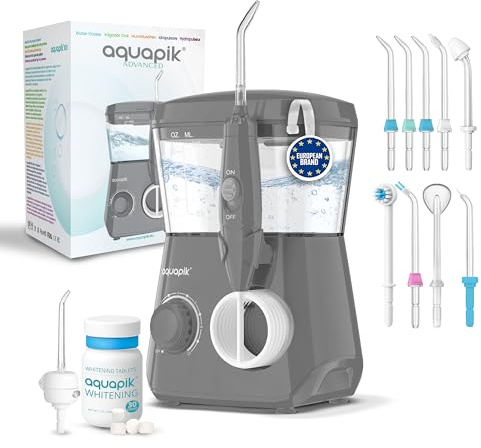 Aquapik® ADVANCED Munddusche | Ideal für Zahnspangen, Implantate und empfindliches Zahnfleisch | Aufhellungs-Kit entfernt Flecken | 10 Druckstufen | 10 Düsen | Von Zahnärzten empfohlen.