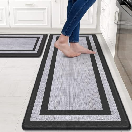 Küchenmatten, gepolstert, Anti-Ermüdungs-Küchenmatte für Boden, rutschfest, wasserdicht, Küchenteppich-Set, 1,27 cm dick, Komfort, Anti-Ermüdungsmatte für Küche, Spüle, Büro, Wäsche, Schwarz, 2 Stück