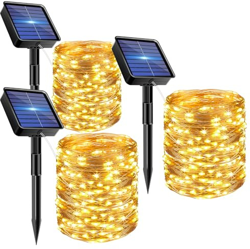 bitjam 3 Pacchi Luci Solari Esterno, 15M 150 LED Catena Luminosa Esterno Solare Impermeabili, 8 Modalità Filo di Rame Lucine Energia Solare da Giardino Decor per Matrimonio Albero Natale, Bianco Caldo