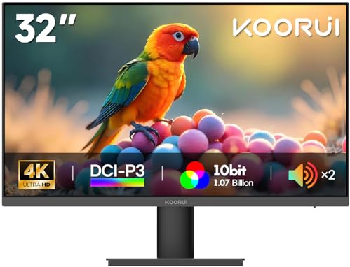 KOORUI 32 Inch UHD 4K Monitor, 3840x2160, 95% DCI-P3 & HDR10, 10Bit Colour, 3500:1 Contrast Ratio, Built-in Speakers, GTG 3ms,VESA, HDMI/DP for Home Work Office and Gaming Freesync E3241A