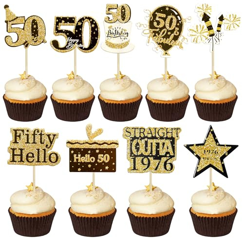 Gyufise 36Pcs Happy 50th Birthday Cupcake Toppers Glitter Black Gold Fifty Straight Outta 1976 Cupcake Picks 50 Fabulous Cheers to 50 Years Cake Decorations for 50th Birthday Party Supplies