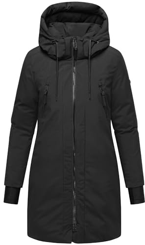 Navahoo abrigo de invierno para mujer, parka cálido con capucha (desmontable) y porta-riñoneras interiores, Winterzart 14 S-6XL, Negro , M