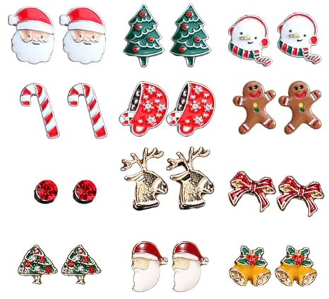 12 Paar Weihnachtsohrringe Set Für Damen Und Kinder – Ohrringe Weihnachten Mit Weihnachtsmann, Baum, Schneemann, Rentier & Lebkuchen – Perfekter Weihnachtsschmuck & Weihnachtsaccessoires Geschenk