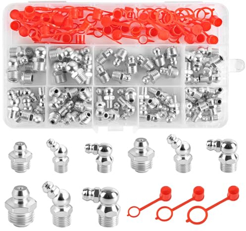 URAQT 100 Pcs Surtido de Rácores Engrasadores M6 M8 M10 Recto y en ángulo de 45° 90° Métricas Boquillas de Pistola Engrase de Niquelado, Surtido de engrasadores para Equipos Mecánicos Autos y camiones