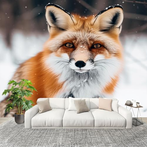 Mural Papel Pintado 3D 300x210 cm Lindo Animal Zorro Fotomurales Tejido No Tejido Antiarrugas Póster Blanco Murales Fotográfico Moderno Decoración de Paredes