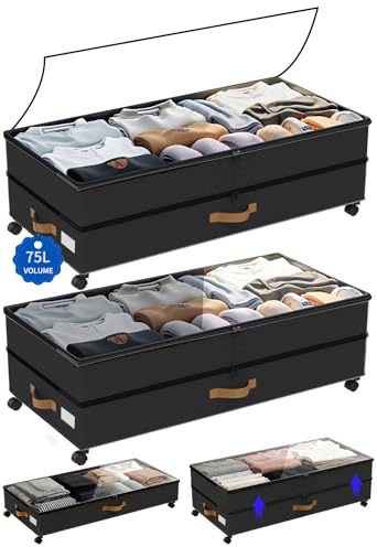 GOVEYONY Under Bed Storage with Wheels 2-Pack, 75L XXL Under the Bed Storage Containers Large, 12 Tall Adjustable Storage for Underbed with Lids, Rolling for Clothes, Shoes, Blankets (Black)