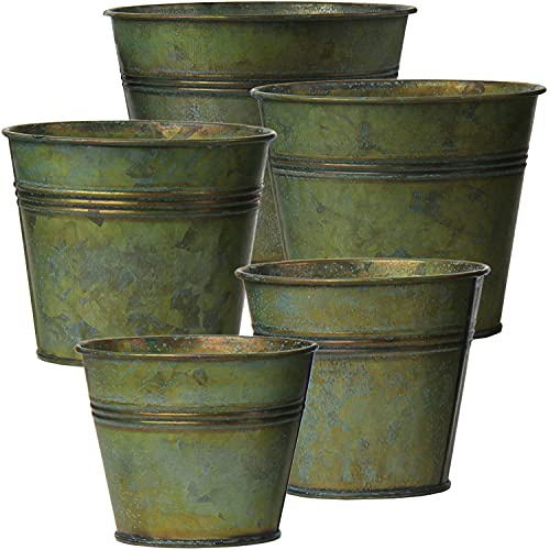 Oairse Set of 5 Plant Pots Outdoor Galvanised Planter Garden Planters Metal Plant Pots for Indoor Outdoor, Vintage Zinc Round Bucket Flower Pot Rustic Container for Plant or Home Modern Farmhouse
