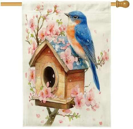 Spring Bluebird Vogelhaus-Flaggen, 71,1 x 101,6 cm, doppelseitig, Blumenblumen, Vogelhaus, Standard-Sackleinen, Heimflaggen, Tier-Hinterhof-Flaggen, Outdoor-Dekoration