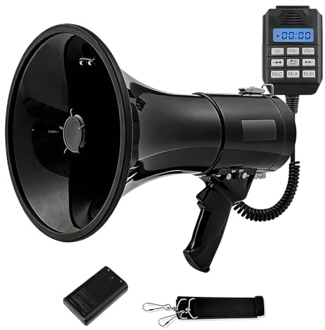 TECKZOON Megafono con Sirena e Microfono, Funzione di Registrazione e Bluetooth, Potenza Massima 100 W con Una Portata di 2000 m, MP3, USB, SD, AUX, megafono con Tracolla.