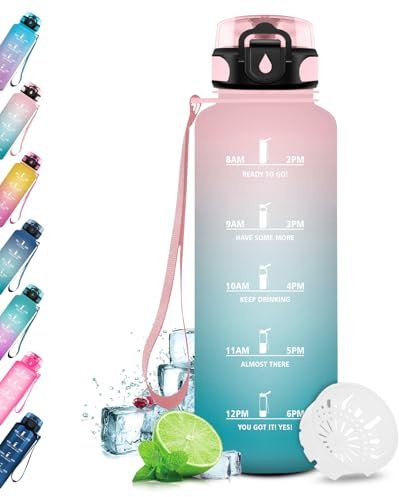 JAPORIA Gourde1,5L Sport, Gourde Sport avec Marqueur de Temps et Filtre, Étanche, sans BPA, Bouteille d'eau pour l'école, Cyclisme, Fitness, Yoga, Bureau, Gym, Camping